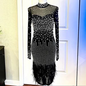 Pearl, rhinestone, & feather embellished dress